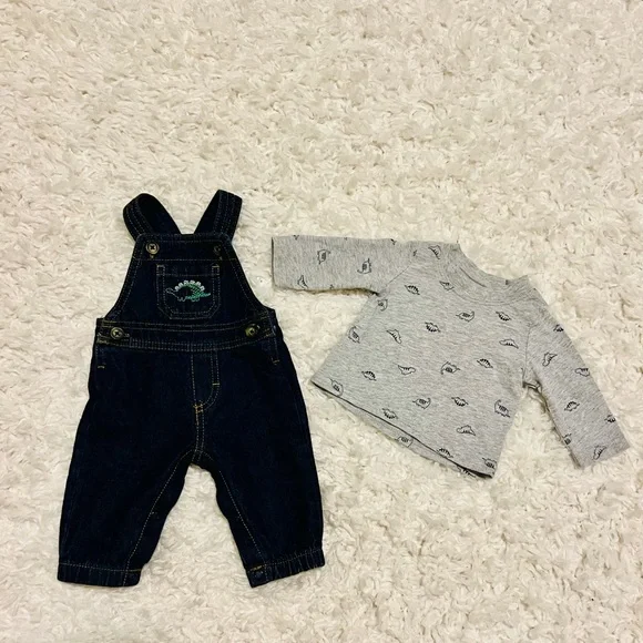 Baby Boys' 2 Piece Dinosaur Overall Set Grey - Picture 3 of 5